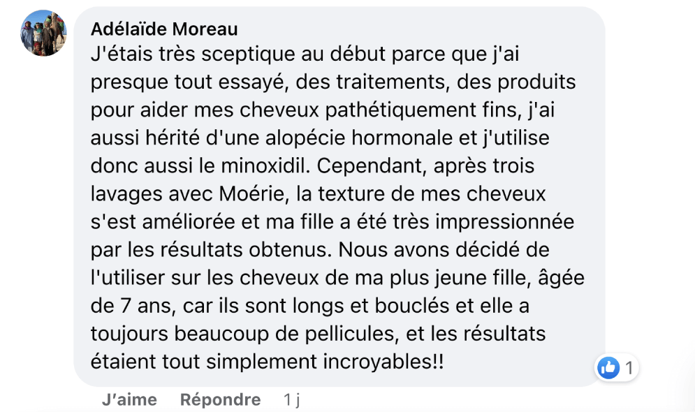 Facebook comment review about this moerie product
