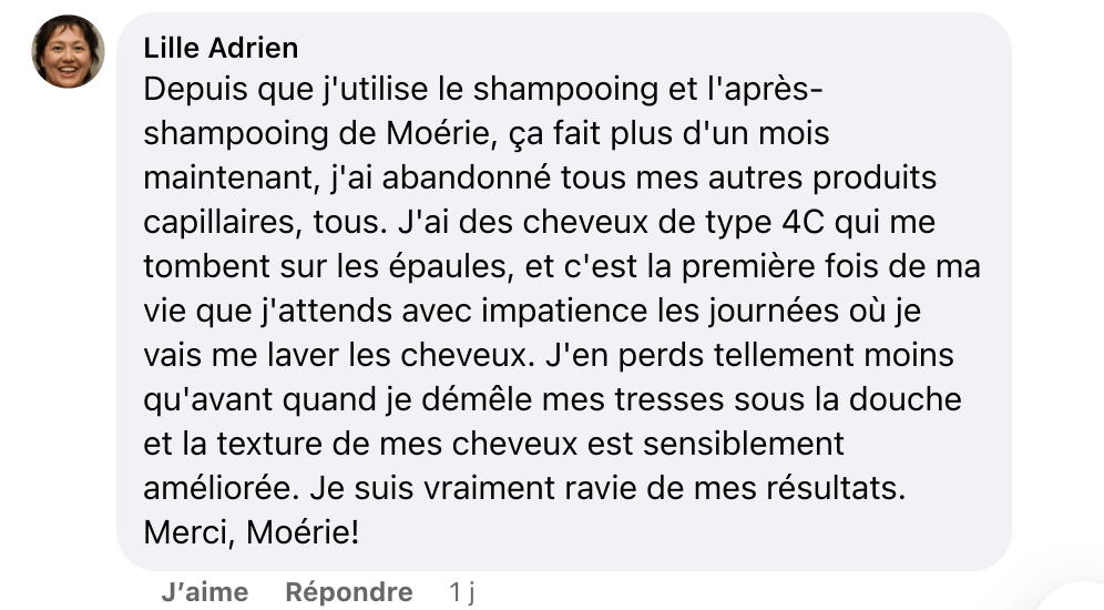 Facebook comment review about this moerie product