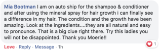 Facebook comment review about this moerie product