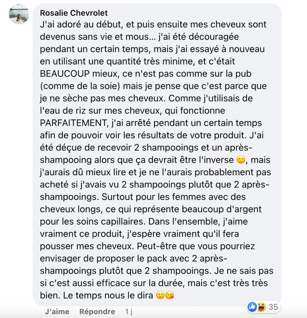 Facebook comment review about this moerie product