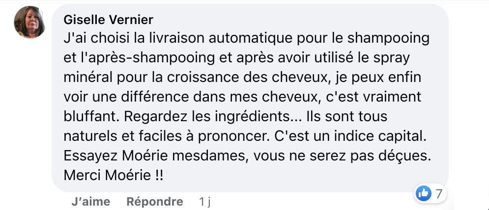 Facebook comment review about this moerie product