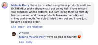 Facebook comment review about this moerie product