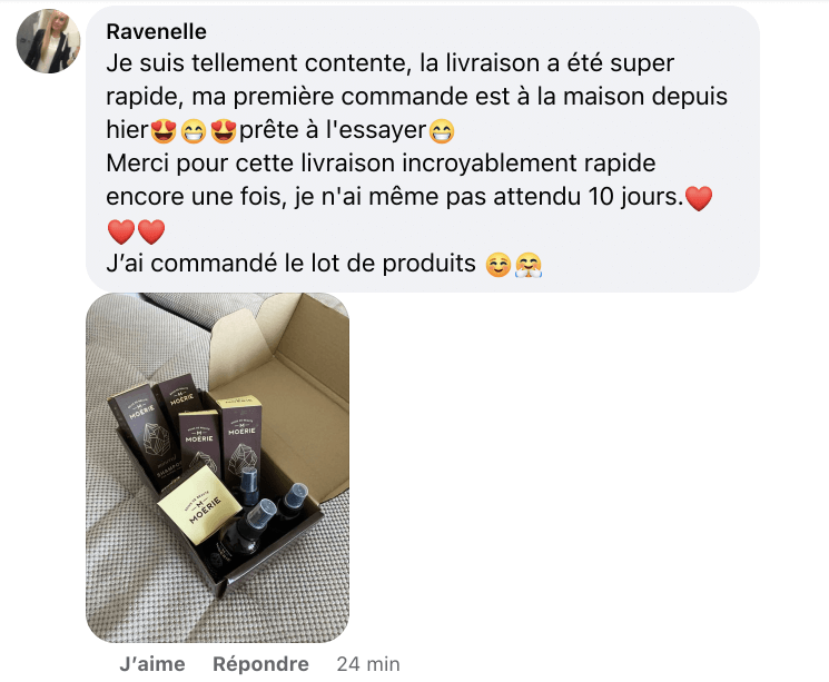 Facebook comment review about this moerie product