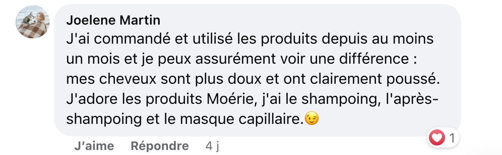 Facebook comment review about this moerie product
