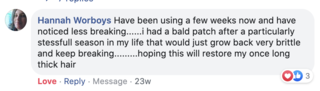 Facebook comment review about this moerie product