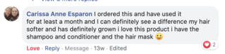 Facebook comment review about this moerie product