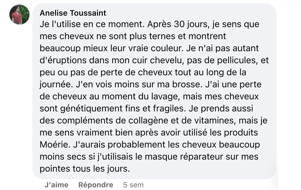 Facebook comment review about this moerie product