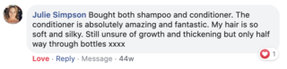 Facebook comment review about this moerie product